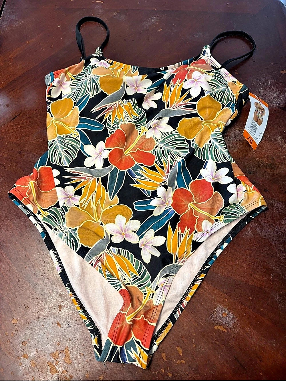 Hurley Women's One-Piece Swimsuit Floral Black & Orange XXL